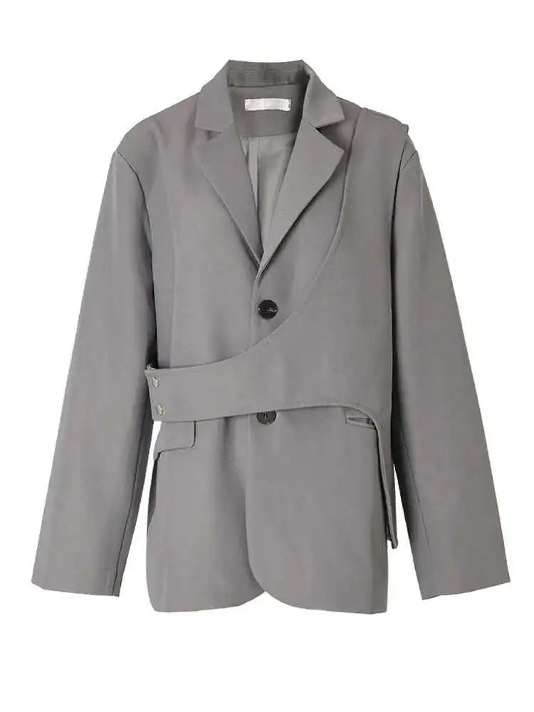 Women Gray Irregular Big Size Blazer New Lapel Long Sleeve Loose Fit Jacket Fashion Tide Spring Autumn 2025 1DF3051