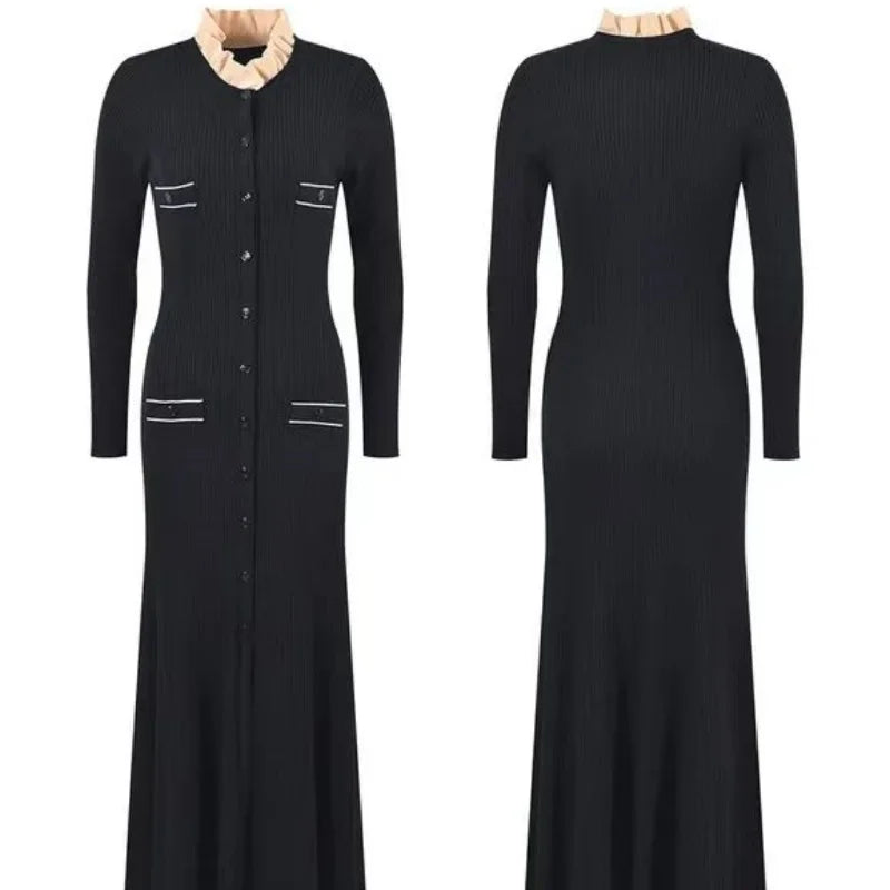 Korean Fashion Women's Black Patchwork Long Sleeve Ruffles Neck Knitted Dress 2024 Autumn Winter Retro New Single Breasted Dress