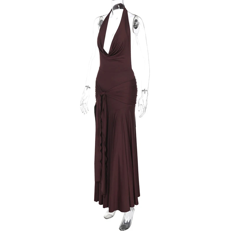 Halter Deep V Neck Sexy Maxi Dress For Women Gown Sleeveless Backless Thigh High Split Ruched Bodycon Long Dress