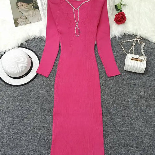 Load image into Gallery viewer, Autumn Winter Women's Solid Diamond Temperament Long Sleeved Dress French Square Neck Office Lady Knitwear Dress 2024 Simplicity
