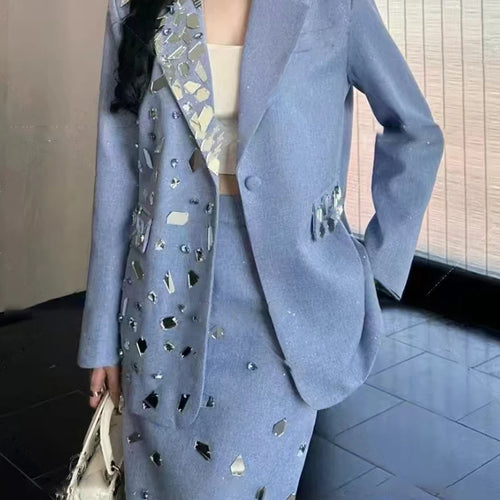 Load image into Gallery viewer, Solid Spliced Diamonds Two Piece Set For Women Lapel Long Sleeve Coat High Waist Temperament Skirts Sets Female New
