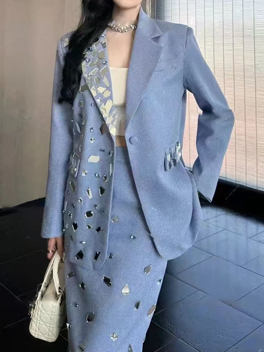 Solid Spliced Diamonds Two Piece Set For Women Lapel Long Sleeve Coat High Waist Temperament Skirts Sets Female New