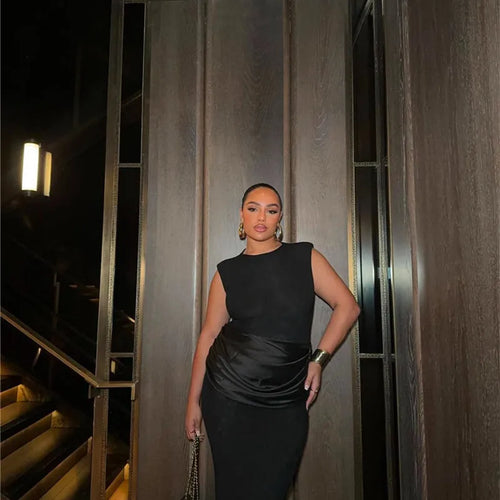 Load image into Gallery viewer, Sleeveless Ruched Sexy Maxi Dress For Women Gown Fashion Black O Neck High Waist Bodycon Club Party Long Dress Vestido
