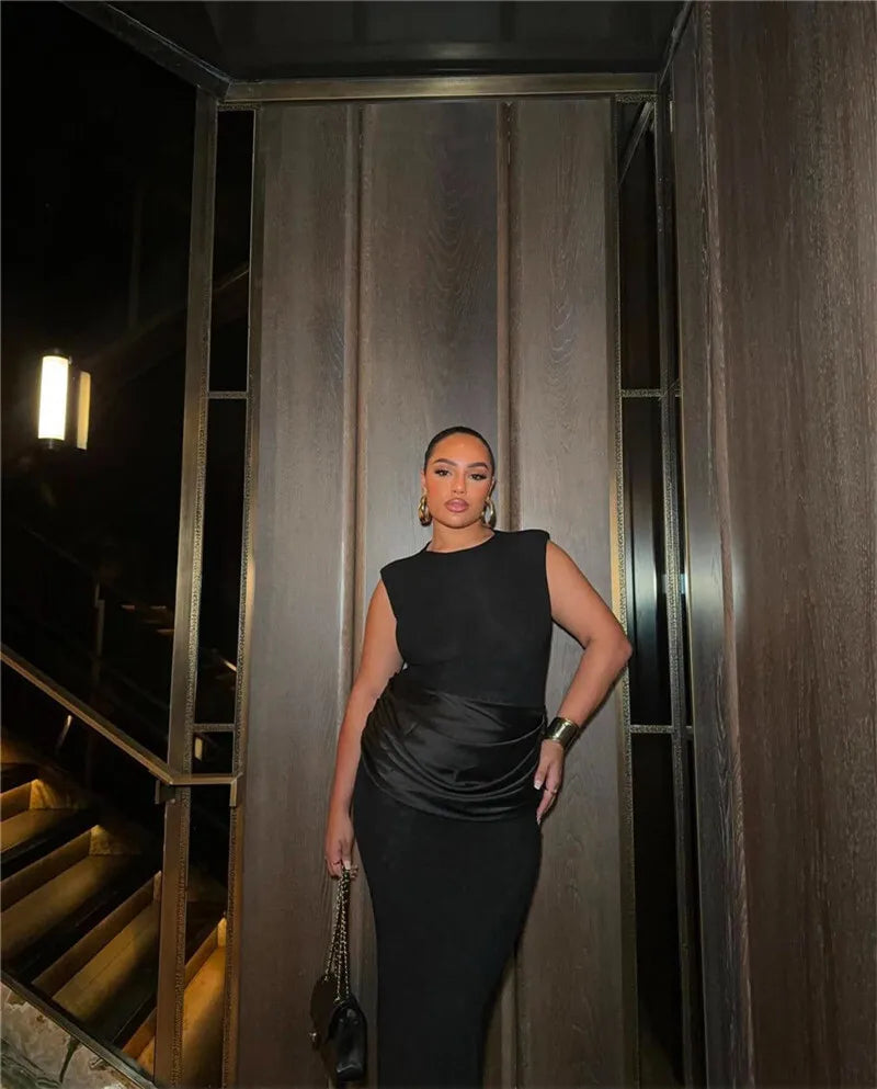 Sleeveless Ruched Sexy Maxi Dress For Women Gown Fashion Black O Neck High Waist Bodycon Club Party Long Dress Vestido