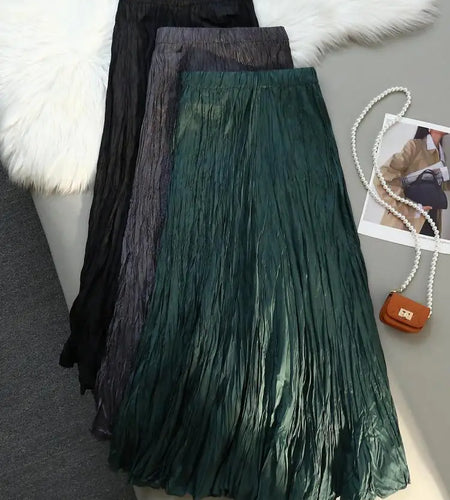 Women Elastic Waist Half Length Skirt Summer Solid Pleated Midi Vintage Sexy Club Skirts Fashion Romantic Simplicity Ladies Boho