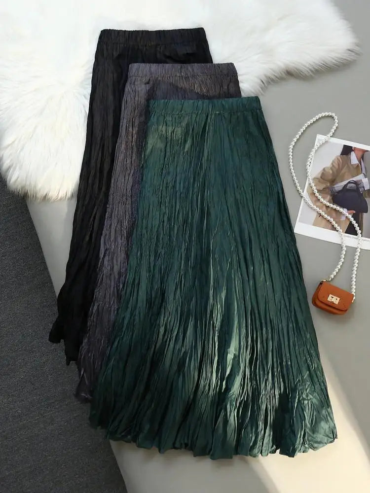 Women Elastic Waist Half Length Skirt Summer Solid Pleated Midi Vintage Sexy Club Skirts Fashion Romantic Simplicity Ladies Boho