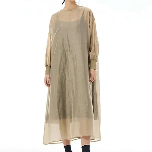 Load image into Gallery viewer, Women Khaki Mesh Perspective Big Size Thin Dress New Round Neck Long Sleeve Fashion Tide Spring Autumn 2025 1DH7412
