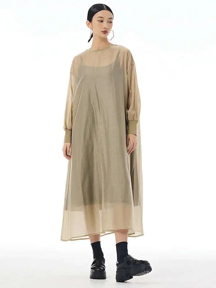Women Khaki Mesh Perspective Big Size Thin Dress New Round Neck Long Sleeve Fashion Tide Spring Autumn 2025 1DH7412