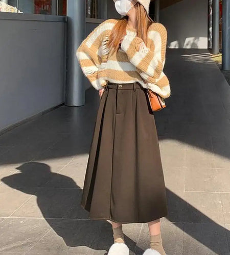 Autumn Winter Black Oversized Woolen Long Skirt Women Korean Fashion Ladies Brown High Waist Pleated Skirt Casual Streetwear new