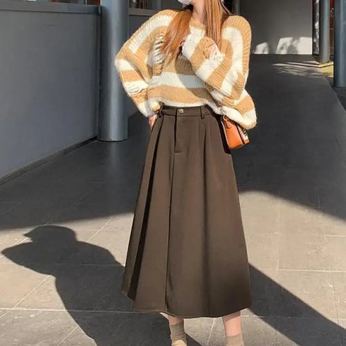 Load image into Gallery viewer, Autumn Winter Black Oversized Woolen Long Skirt Women Korean Fashion Ladies Brown High Waist Pleated Skirt Casual Streetwear new
