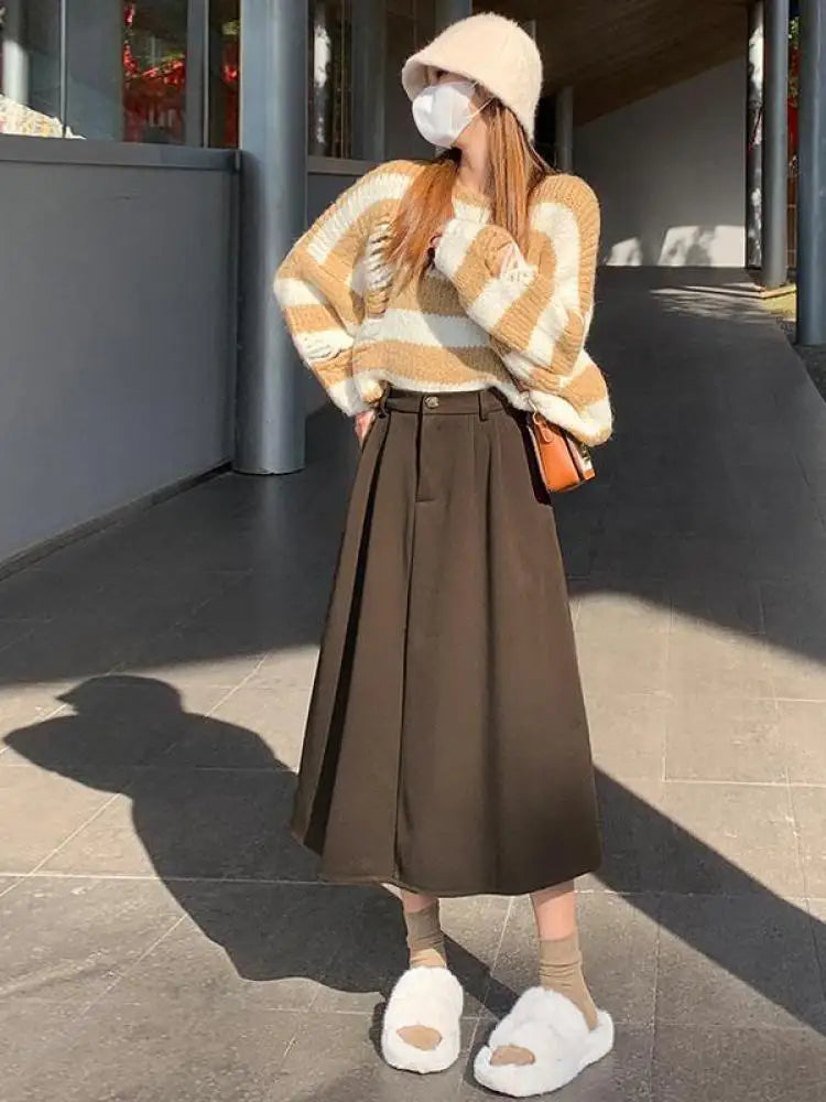 Autumn Winter Black Oversized Woolen Long Skirt Women Korean Fashion Ladies Brown High Waist Pleated Skirt Casual Streetwear new