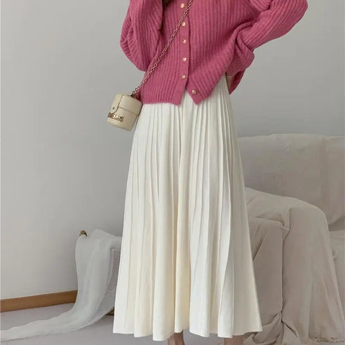 Load image into Gallery viewer, Korean Fashion Solid Sweet Elegant Knit Party Long Skirts Autumn Winter Women Pleated A-line High Waist Fairy Umbrella Skirt New
