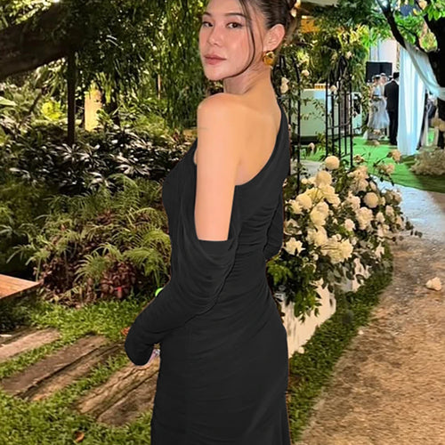 Load image into Gallery viewer, Oblique Shoulder Long Sleeve Sexy Maxi Dress For Women Fashion Mesh Backless Bodycon Ruched Club Evening Long Dress
