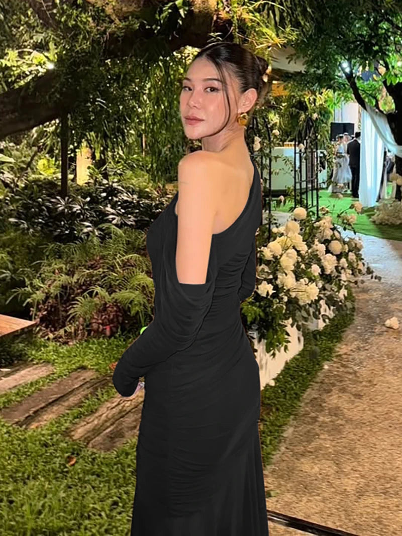 Oblique Shoulder Long Sleeve Sexy Maxi Dress For Women Fashion Mesh Backless Bodycon Ruched Club Evening Long Dress
