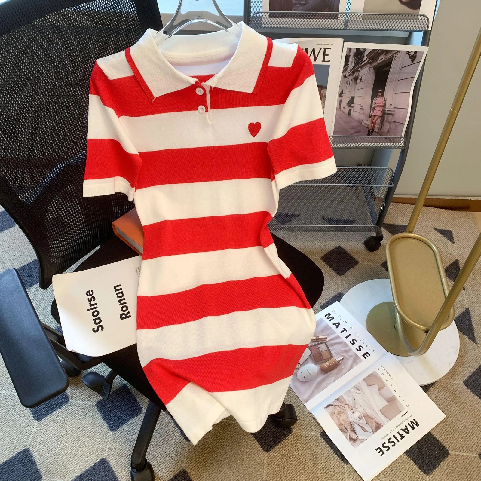 Women Red White Striped Patchwork Knit Mini Dress 2024 New Slim Polo Collar Ladies Short Sleeve Wrapped Hip A-line Dress Fashion