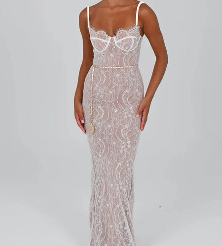 Sexy Lace Print Double Layer Dress For Women Bodycon Backless Metal Heart Pendant Maxi Dress Party Club Evening Dress