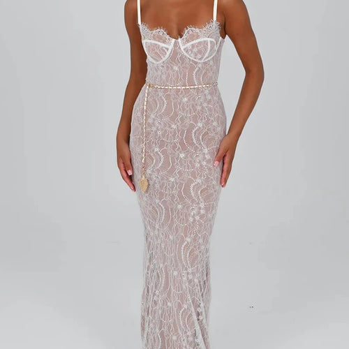 Load image into Gallery viewer, Sexy Lace Print Double Layer Dress For Women Bodycon Backless Metal Heart Pendant Maxi Dress Party Club Evening Dress
