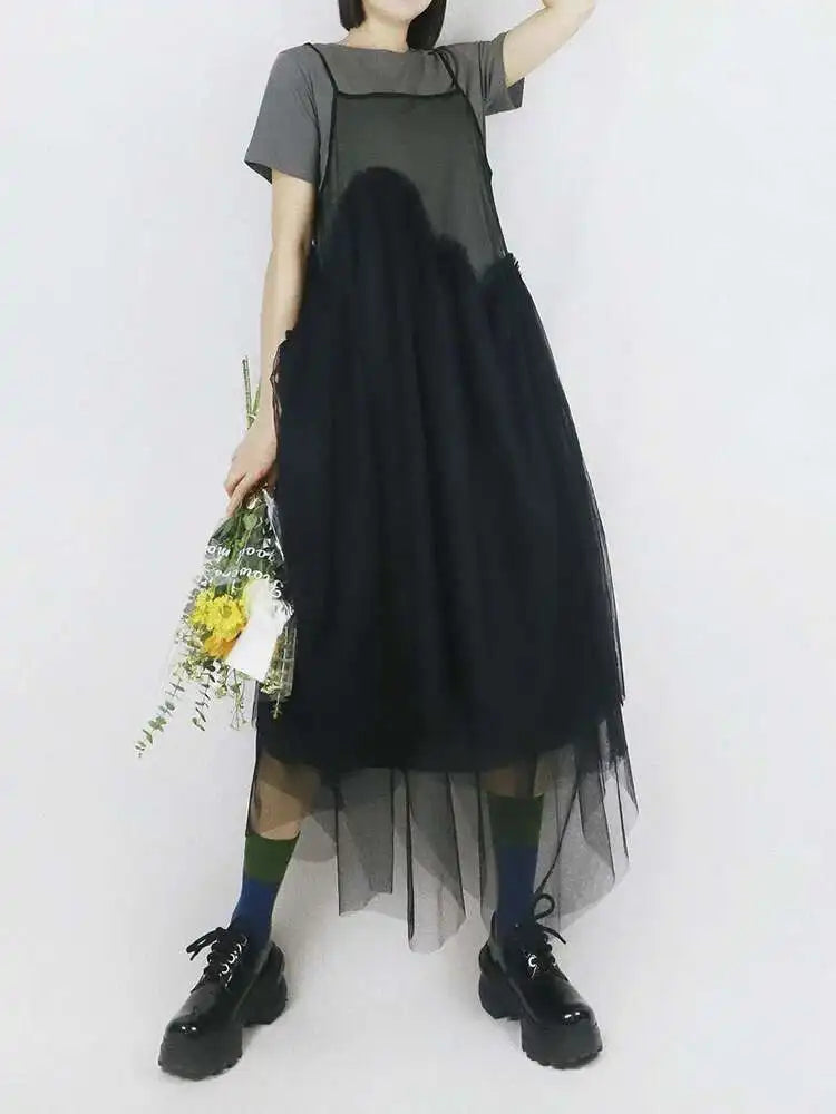 Women Green Mesh Layers Elegant Spaghetti Strap Dress New Square Collar Sleeveless Fashion Tide Spring Autumn 2025 1DJ0363