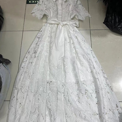 Load image into Gallery viewer, Solid Hollow Out Slimming Long Dresses For Women Lapel Short Sleeve High Waist Spliced Lace Up A Line Dress Female Fashion
