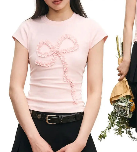 Summer Shirts for Women Sweet T Shirts Short Sleeve O-neck Tunic Casual Tees Ruffles Bow Chic T-shirts Y2k Tops 2024 Ropa Mujer