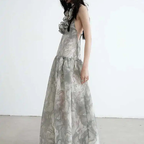 Load image into Gallery viewer, Women Gray Ruffled Backless Elegant Long Strapless Dress New Halter Sleeveless Fashion Tide Spring Autumn 2025 1DJ0014
