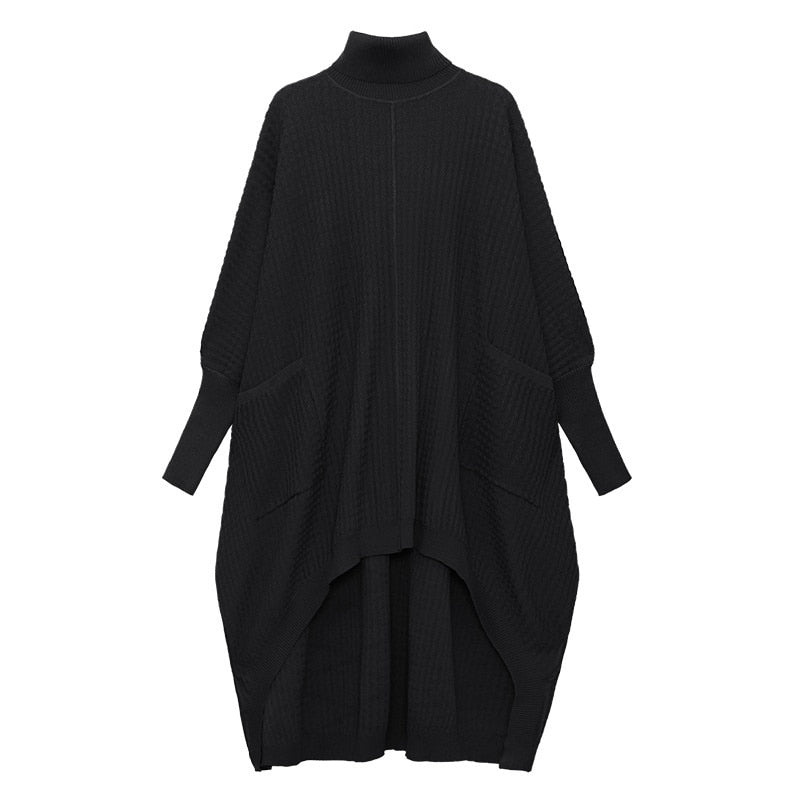 Irregular Hem Solid Dresses For Women Turtleneck Batwing Sleeve High Waist Pullover Loose Dress Female Fashion