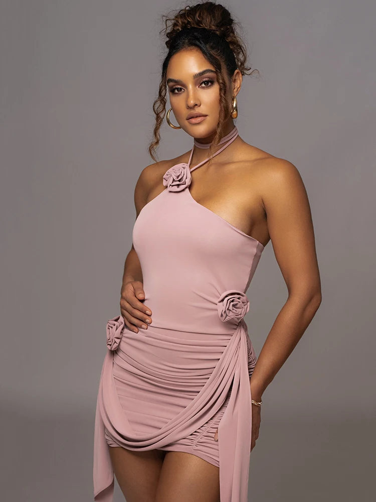 Sexy Sleeveless Hanging Neck 3D Flower Tight Dress Women Lace Up Double Layered Evening Dress Female Party Evening Dress