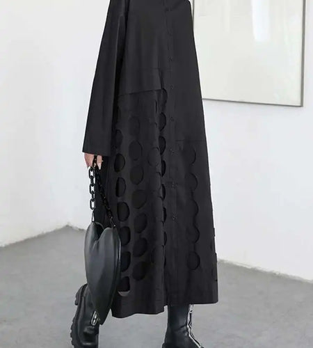 Women Black Hollow Out Big Size Midi Shirt Dress New Lapel Long Sleeve Loose Fit Fashion Tide Spring Autumn 2025 1DF6037