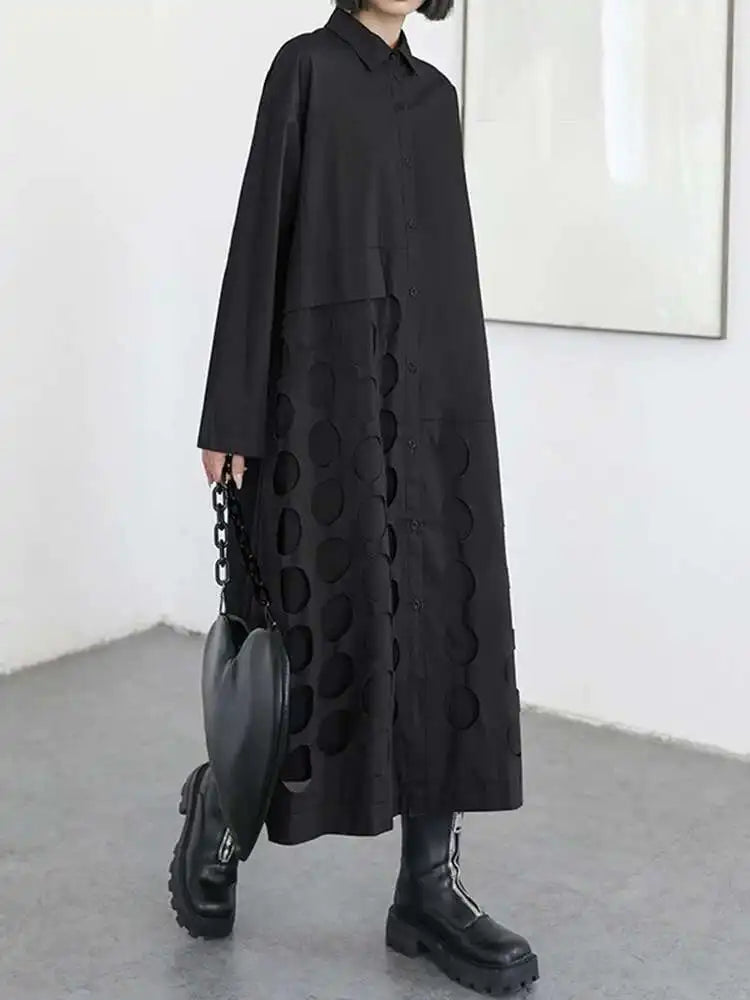 Women Black Hollow Out Big Size Midi Shirt Dress New Lapel Long Sleeve Loose Fit Fashion Tide Spring Autumn 2025 1DF6037