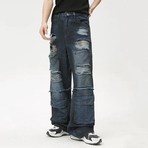 Load image into Gallery viewer, High Street Men&#39;s Jeans Loose Hole Worn-out Big Pocket Niche Design Male Straight Denim Pants Summer Stylish 9C6161
