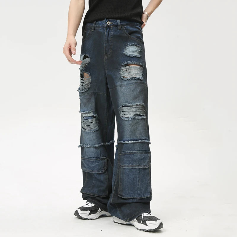 High Street Men's Jeans Loose Hole Worn-out Big Pocket Niche Design Male Straight Denim Pants Summer Stylish 9C6161