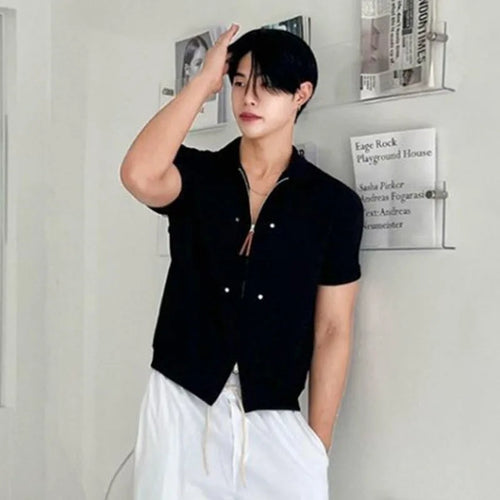 Load image into Gallery viewer, Men's Shirts Short Sleeve Shirt New Summer Loose Solid Color Design Korean Turn-down Collar Niche Trendy Male Top 9W1624
