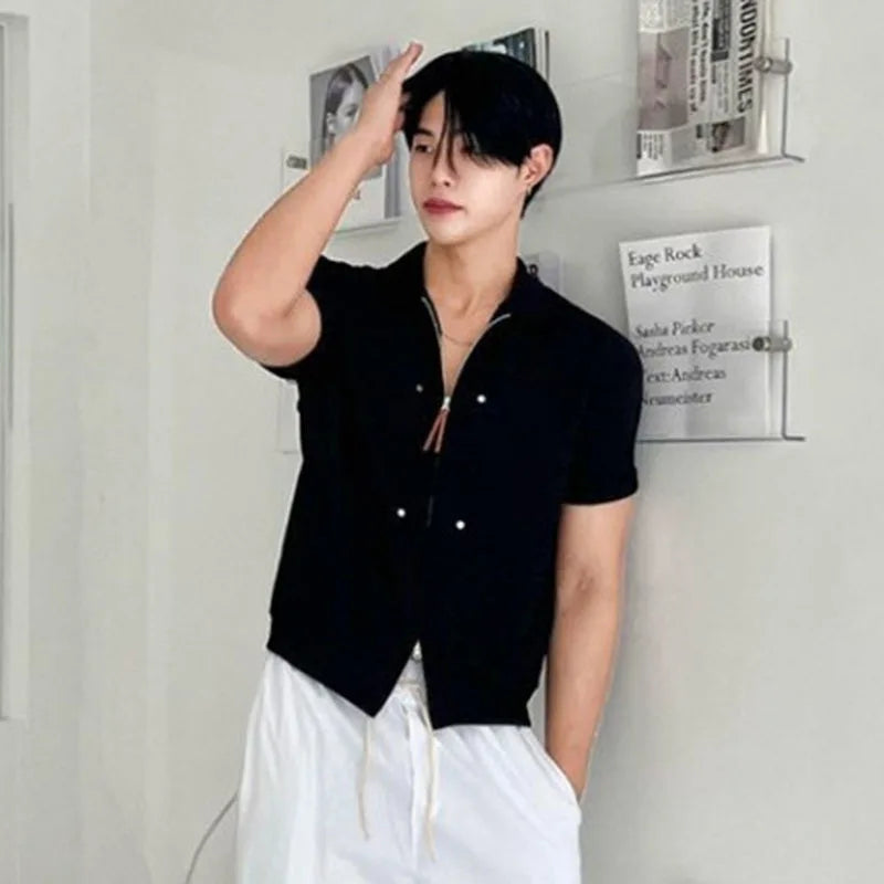 Men's Shirts Short Sleeve Shirt New Summer Loose Solid Color Design Korean Turn-down Collar Niche Trendy Male Top 9W1624
