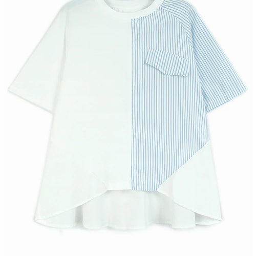 Load image into Gallery viewer, Women Gray Striped Color-block Big Size T-shirt New Round Neck Short Sleeve Fashion Tide Spring Summer 2025 1DJ0589
