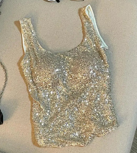 Vintage Black Beige Sequins Round Neck Backless Vest Women's 2024 Summer New Fashion Pink Elegant Sleeveless Tank Tops Vacation