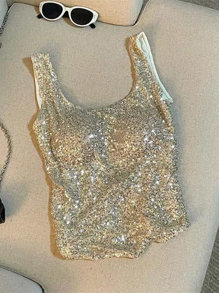 Vintage Black Beige Sequins Round Neck Backless Vest Women's 2024 Summer New Fashion Pink Elegant Sleeveless Tank Tops Vacation