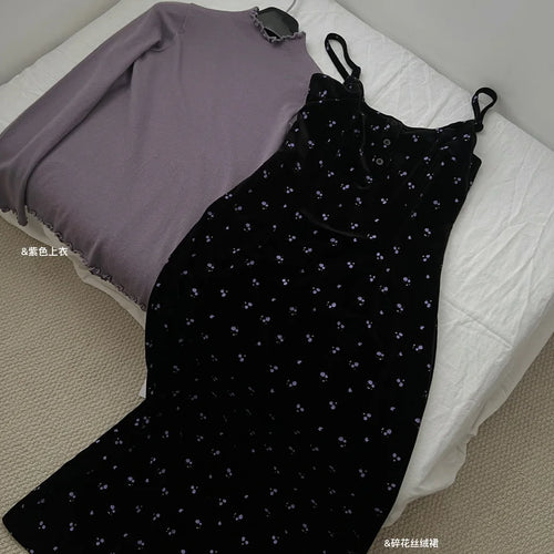 Load image into Gallery viewer, French Women Autumn Winter Fashion Suit Purple Elegant O-neck Long Sleeve Tops And Black Print Velvet Slip Dress Two-piece Sets
