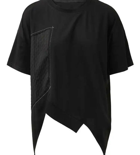 Women Black Irregular Topstitched Big Size Casual T-shirt New Round Neck Short Sleeve Fashion Spring Summer 2025 CPG1353