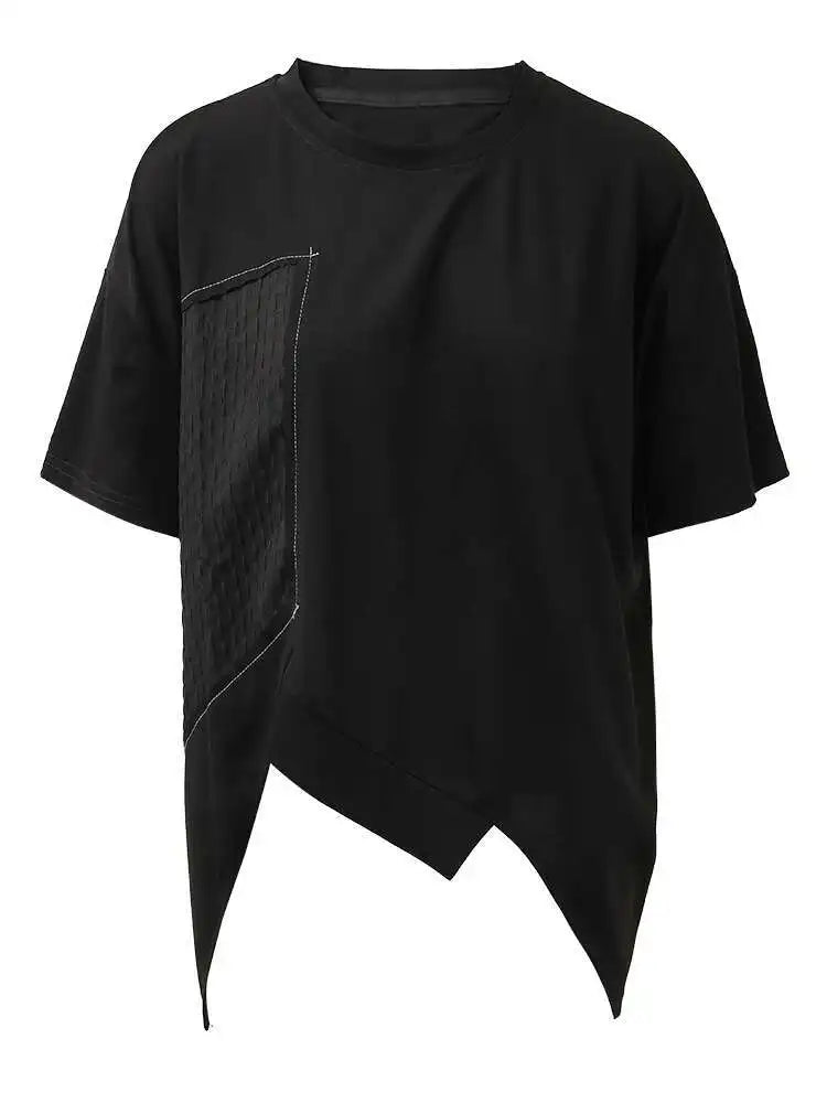 Women Black Irregular Topstitched Big Size Casual T-shirt New Round Neck Short Sleeve Fashion Spring Summer 2025 CPG1353