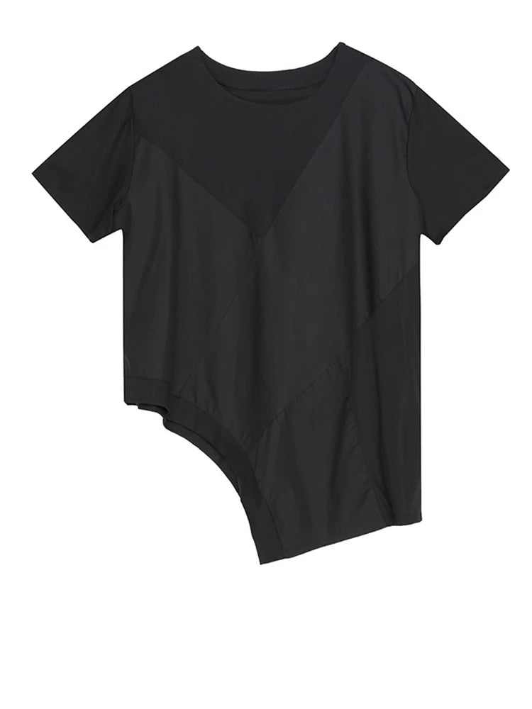 Women Black Irregular Hem Spliced Big Size T-shirt New Round Neck Short Sleeve Fashion Tide Spring Summer 2025 1DJ1765