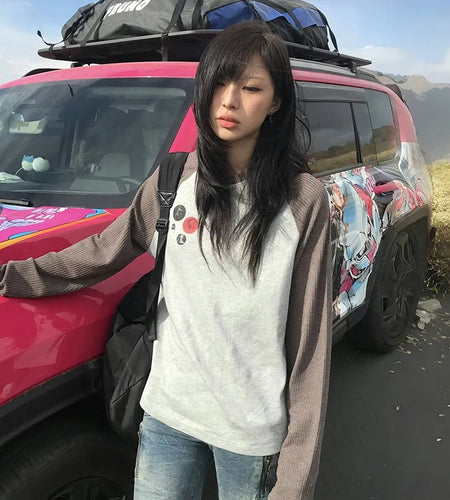 Japanese Y2k Patchwork T-shirt Vintage 2000s Style Knitted Tops 90s Harajuku Long Sleeve Ribbed T Shirt American Retro