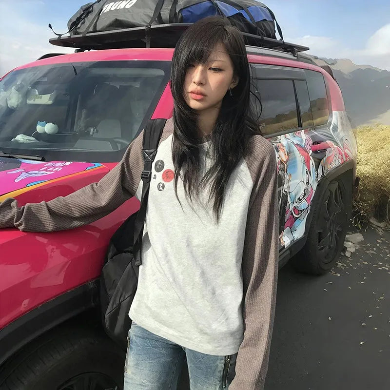 Japanese Y2k Patchwork T-shirt Vintage 2000s Style Knitted Tops 90s Harajuku Long Sleeve Ribbed T Shirt American Retro