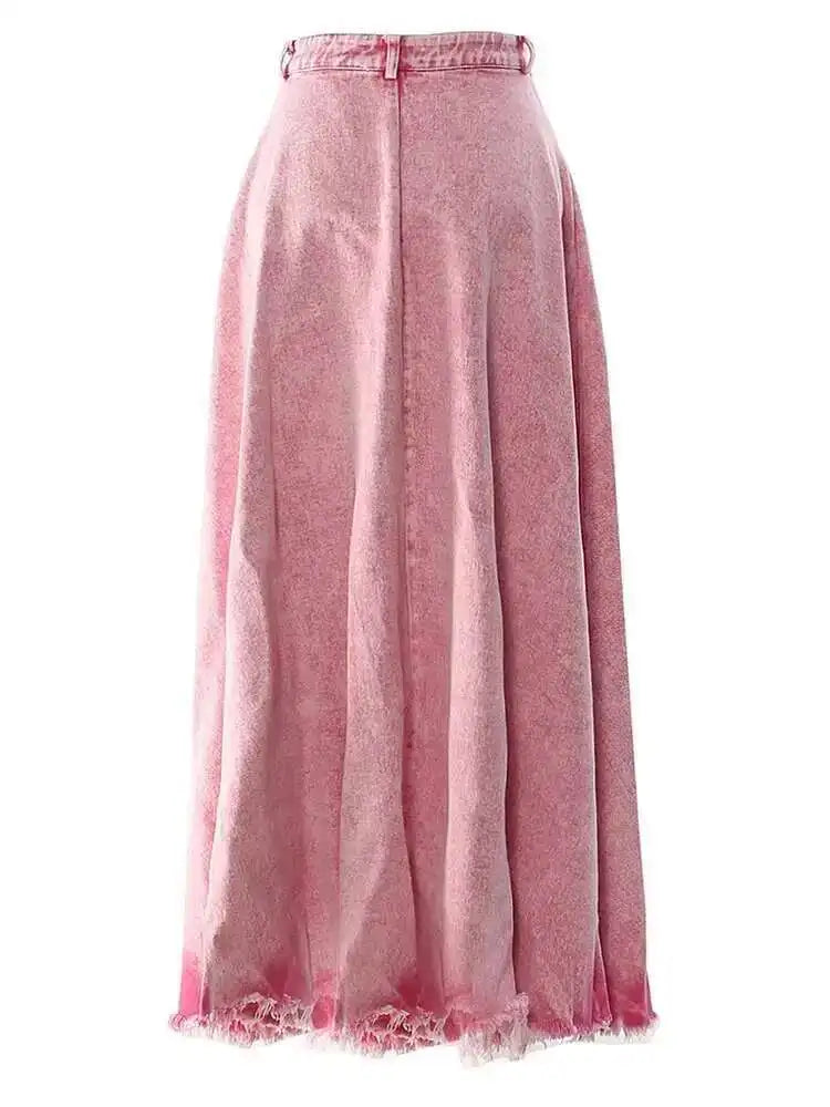 High Waist Rose Red Denim Hem Burr Pocket Long Casual Half-body Skirt Women Fashion Tide New Spring Autumn 2025 1DF9443