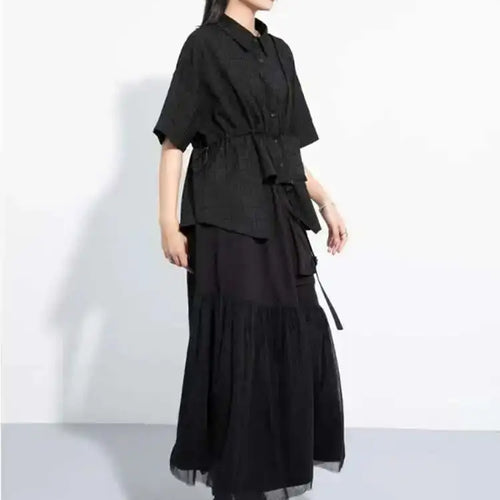 Load image into Gallery viewer, Women Black Plaid Drawstring Big Size Blouse New Lapel Short Sleeve Shirt Fashion Tide Spring Summer  2025 1DH6088
