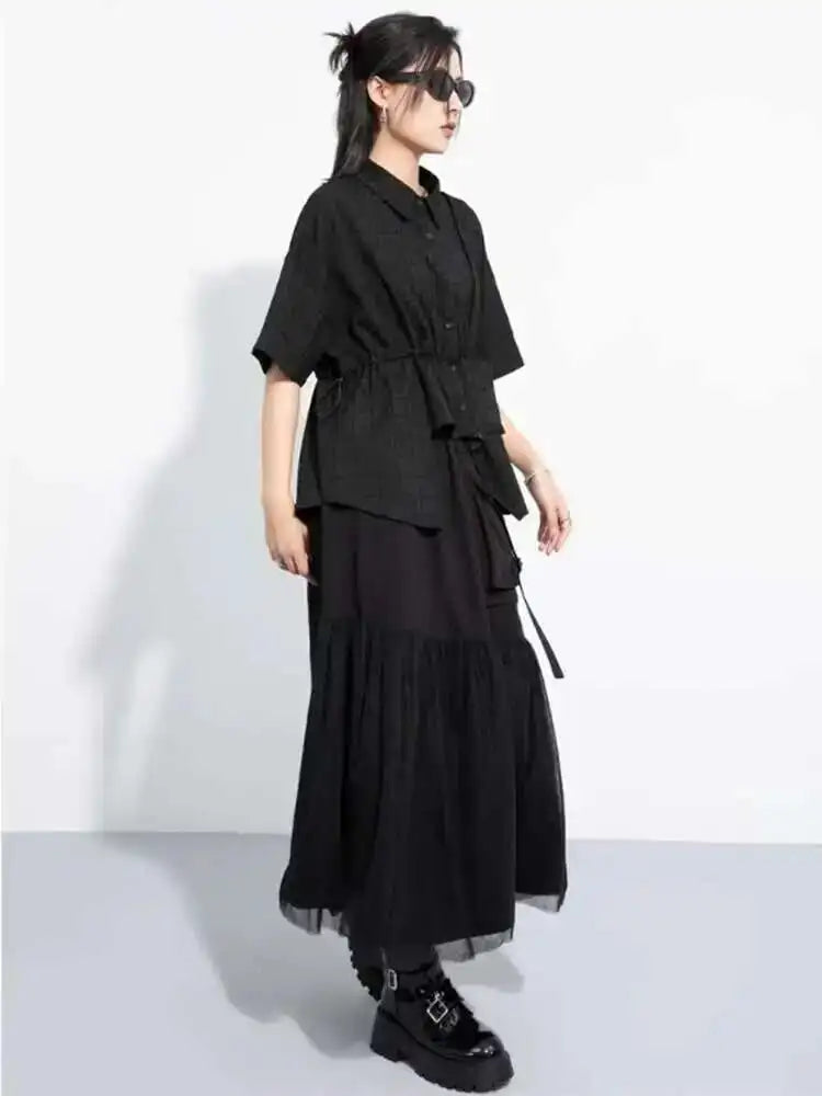 Women Black Plaid Drawstring Big Size Blouse New Lapel Short Sleeve Shirt Fashion Tide Spring Summer  2025 1DH6088