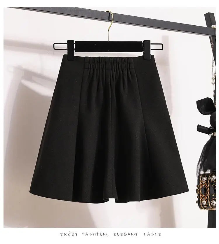 Solid Elegant Zippered Woolen Short Skirt Ladies 2023 Autumn Winter Women's High Waist Korean Plus Size Party Mini Pleated Skirt