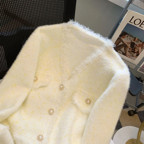 Load image into Gallery viewer, Autumn Winter French White Print V Neck Tassel Elegant Knitted Cardigan Tops Women Single Breasted Long Sleeve Mink Sweater Chic
