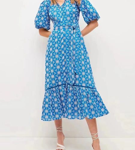 Vintage Print Dress For Women V Neck Puff Sleeve High Waist Patchwork Bowknot Ruffle Trim Midi Dresses Female 2022 Clothing