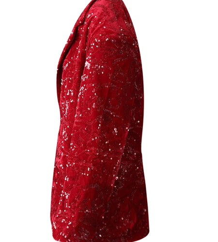 Women Red Sequins Shining Big Size Elegant Blazer New Lapel Long Sleeve Jacket Fashion Tide Spring Autumn 2025 CPG3014