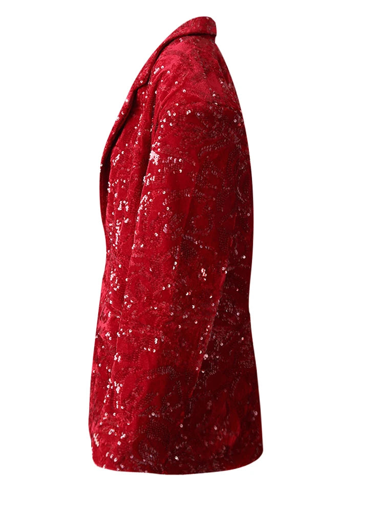Women Red Sequins Shining Big Size Elegant Blazer New Lapel Long Sleeve Jacket Fashion Tide Spring Autumn 2025 CPG3014